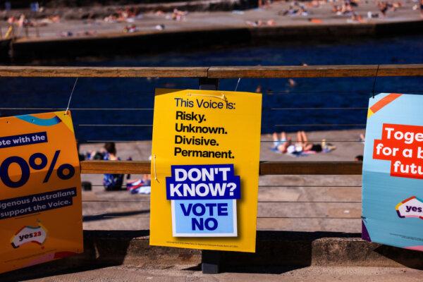 A 'No' sign is seen at Clovelly Surf Life Saving Club polling centre in Sydney, Australia, on Oct. 14, 2023. (Jenny Evans/Getty Images)