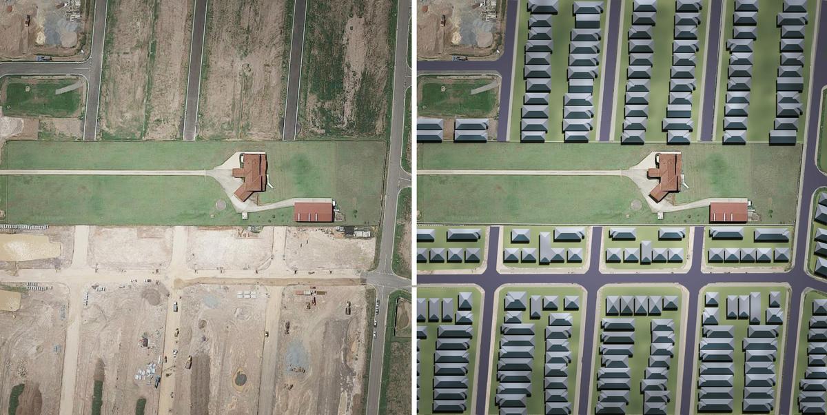 (Left) An aerial view of the Zammits' property in 2018 (Screenshot/<a href="https://earth.google.com/web/search/72+Hambledon+Rd,+The+Ponds+NSW+2769,+Australia/@-33.71011704,150.89553785,60.73164912a,942.46534556d,35y,0h,0t,0r/data=CigiJgokCQ0mwed3AzdAEQkmwed3AzfAGTgMNTT9ZEpAITMMNTT9ZErAOgMKATA" target="_blank" rel="noopener">Google Earth</a>); (Right) An illustration of the current development as it looks today (The Epoch Times).