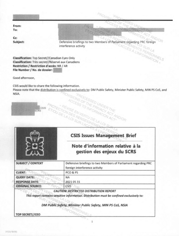Screenshot of a May 2021 Canadian Security Intelligence Service memo obtained via ATIP. (The Epoch Times)