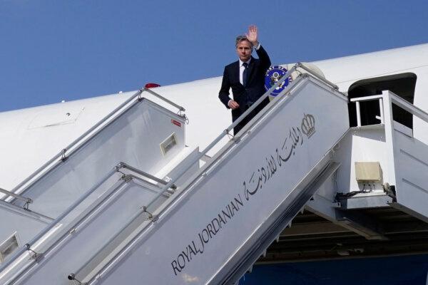 U.S. Secretary of State Antony Blinken departs Jordan en route to neighboring Israel for crisis talks after a tour of Arab nations in Amman on Oct. 16, 2023. (Jacquelyn Martin/AFP via Getty Images)