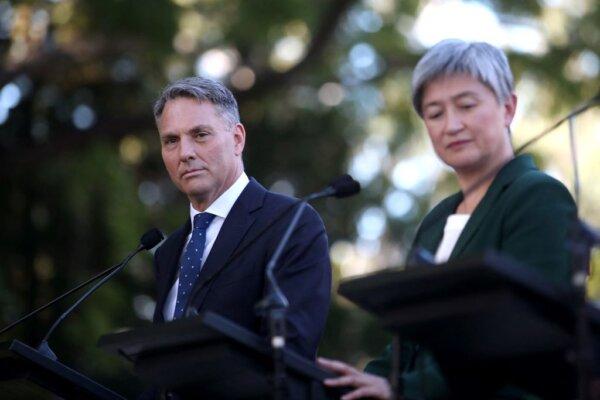 Australian Defence Minister Richard Marles and Australian Foreign Minister Penny Wong attend a press conference at Queensland Government House in Brisbane, Australia, on July 29, 2023. (Pat Hoelscher/AFP via Getty Images)