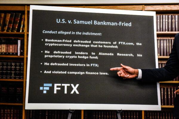 Damian Williams, U.S. attorney for the Southern District of New York, announces the indictment of Samuel Bankman-Fried on Dec. 13, 2022, in New York City. The founder of the now-bankrupt FTX cryptocurrency exchange is alleged to have schemed to misappropriate billions of dollars of customer funds deposited with FTX and to distribute tens of millions of dollars of illegal campaign contributions. (Stephanie Keith/Getty Images)