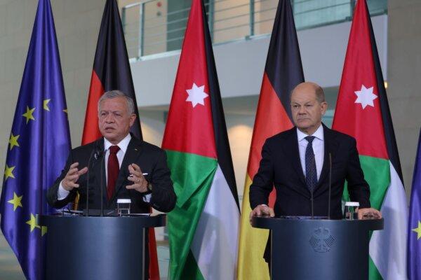 German Chancellor Olaf Scholz (R) and Jordanian King Abdullah II speak to the media following talks at the Chancellery in Berlin, Germany, on Oct. 17, 2023. (Sean Gallup/Getty Images)