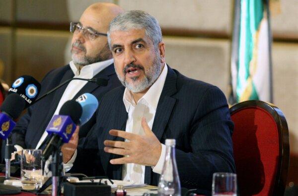 Hamas leader Khaled Meshaal gestures as he announces a new policy document in Doha, Qatar, on May 1, 2017. (Naseem Zeitoon/Reuters)