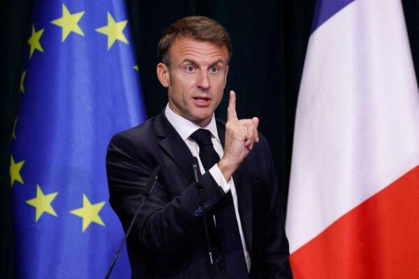French President Emmanuel Macron speaks during a joint press conference with Albanian Prime Minister Edi Rama (not pictured) at the Prime Minister's office in Tirana on Oct. 17, 2023. (Ludovic Marin/AFP via Getty Images)