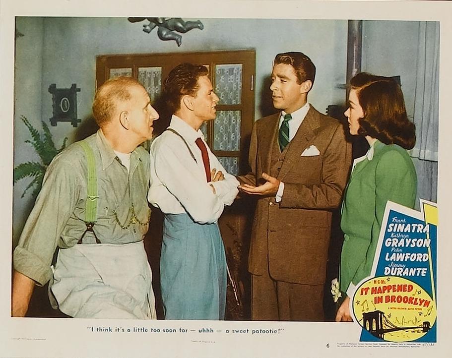 Lobby card from the 1947 film “It Happened in Brooklyn” starring (L-R) Jimmy Durante, Frank Sinatra, Peter Lawford, and Kathryn Grayson. (MovieStillsDB)