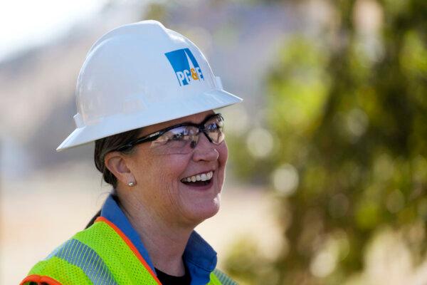 Pacific Gas and Electric CEO Patti Poppe is interviewed during a tour of PG&E workers burying power lines in Vacaville, Calif., on Oct. 11, 2023. (Jeff Chiu/AP Photo)