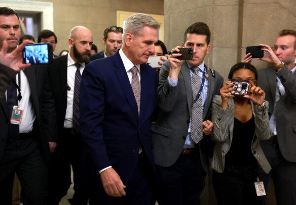 Former House Speaker Kevin McCarthy (R-Calif.) talks with reporters after the House failed to elect a new speaker on the first round of votes at the U.S. Capitol Building in Washington on Oct. 17, 2023. (Joe Raedle/Getty Images)
