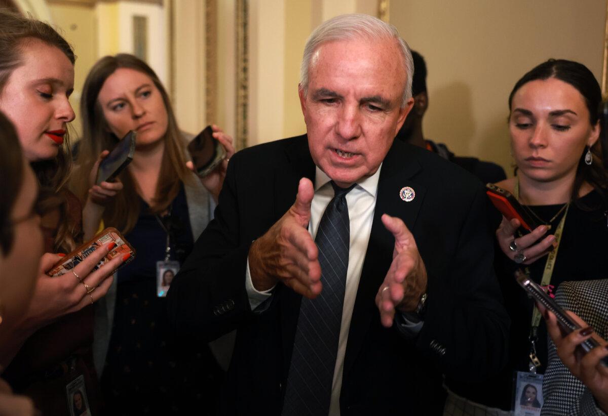 Rep. Carlos Gimenez (R-Fla.) talks with reporters after the House failed to elect a new speaker on the first round of votes at the Capitol Building in Washington on Oct. 17, 2023. (Joe Raedle/Getty Images)