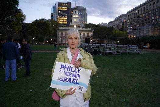 Dr. Rene Rubin, from New York, joined the “Philly Stands with Israel” rally at the Independence National Historical Park in Philadelphia on Oct. 16, 2023. (William Huang/The Epoch Times)