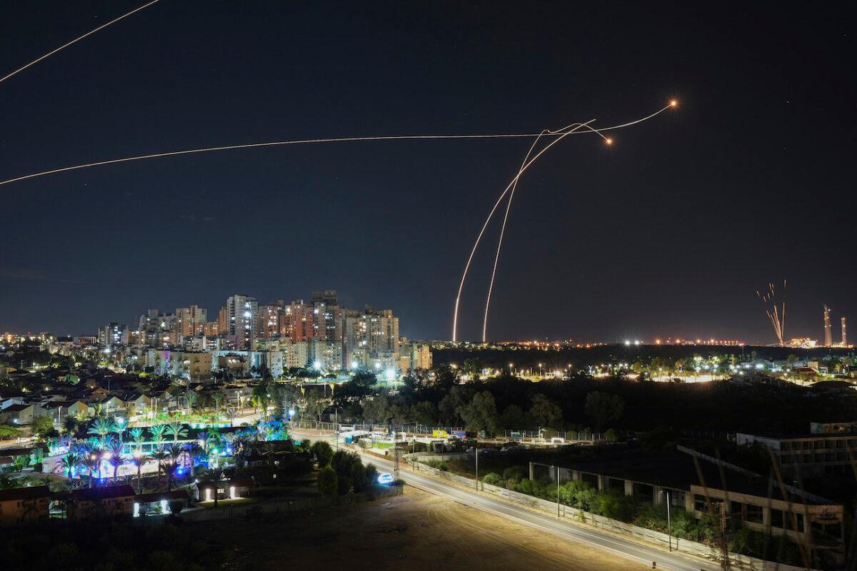 Israel’s Iron Dome air defense system intercepts a rocket fired from the Gaza Strip, in Ashkelon, Israel, on Oct. 17, 2023. (Tsafrir Abayov/AP Photo)