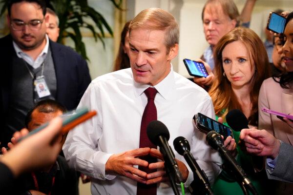 Rep. Jim Jordan (R-Ohio) speaks with reporters after a GOP meeting in Washington on Oct. 16, 2023. (Madalina Vasiliu/The Epoch Times)