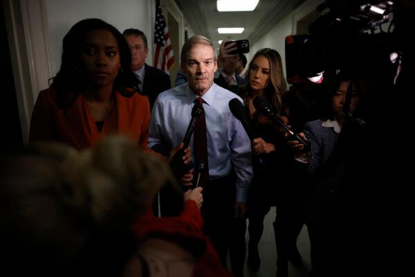 House Judiciary Committee Chairman Jim Jordan (R-Ohio) talks to reporters as he heads from his office in the Rayburn House Office Building to the U.S. Capitol in Washington, on Oct. 18, 2023. (Chip Somodevilla/Getty Images)