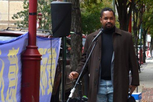 Pennsylvania state senator Sharif Street spoke at the “celebrating 420 million Chinese quitting the Chinese Communist Party” rally, on Oct. 15, 2023. (Frank Liang/The Epoch Times)