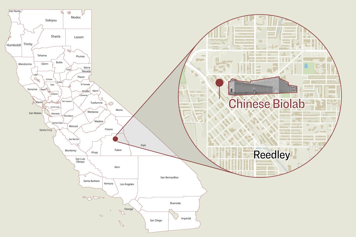 A map illustration shows the location of the suspected biolab in Reedley, Calif. (Illustration by The Epoch Times, Nathan Su/The Epoch Times, Shutterstock)