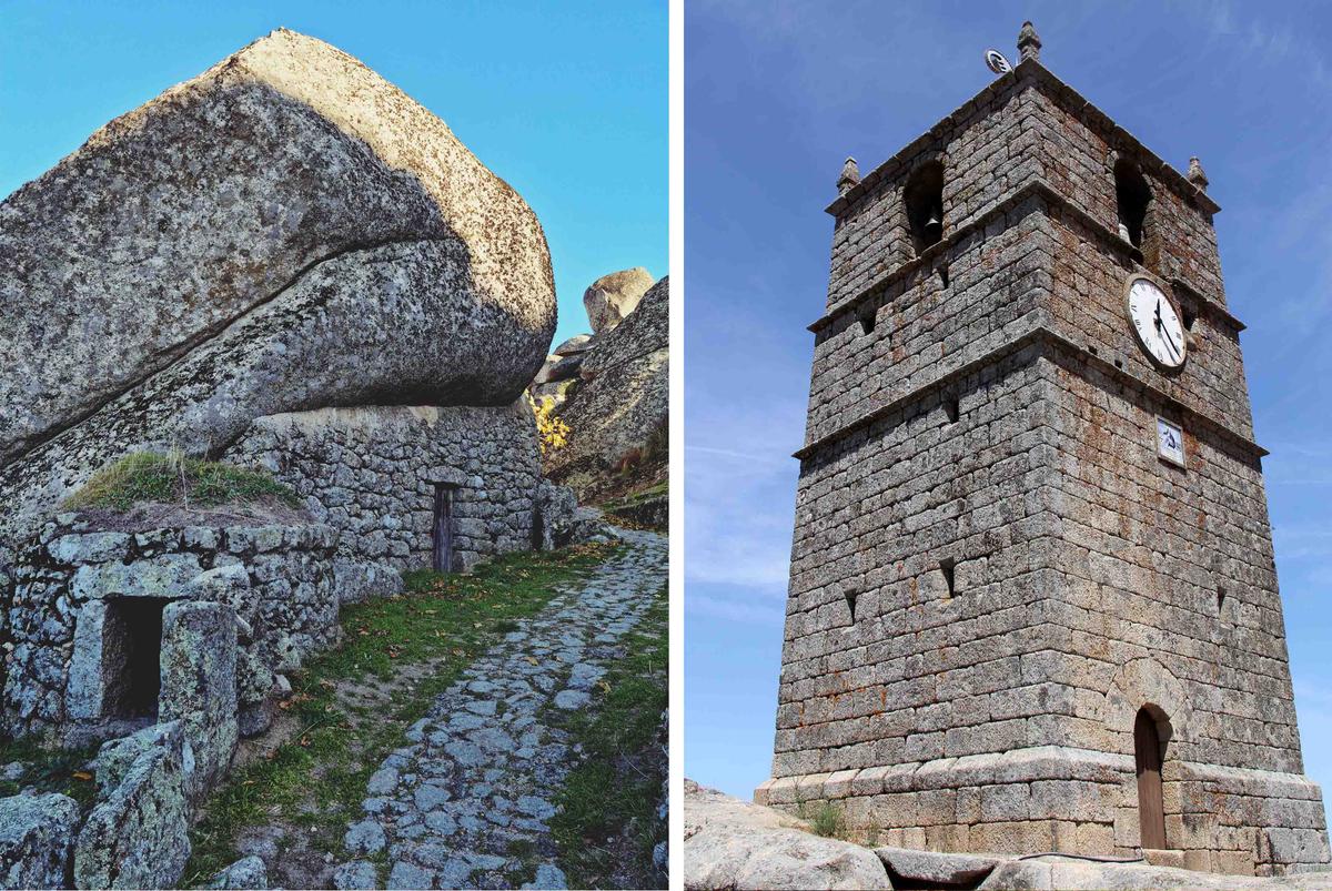 (Left) A pigpen built into the side of a large rock in the village of Monsanto, Portugal (Luis Rafael Castro/Shutterstock); (Right) Lucano Tower in Monsanto, Portugal. (Ark Neyman/Shutterstock)