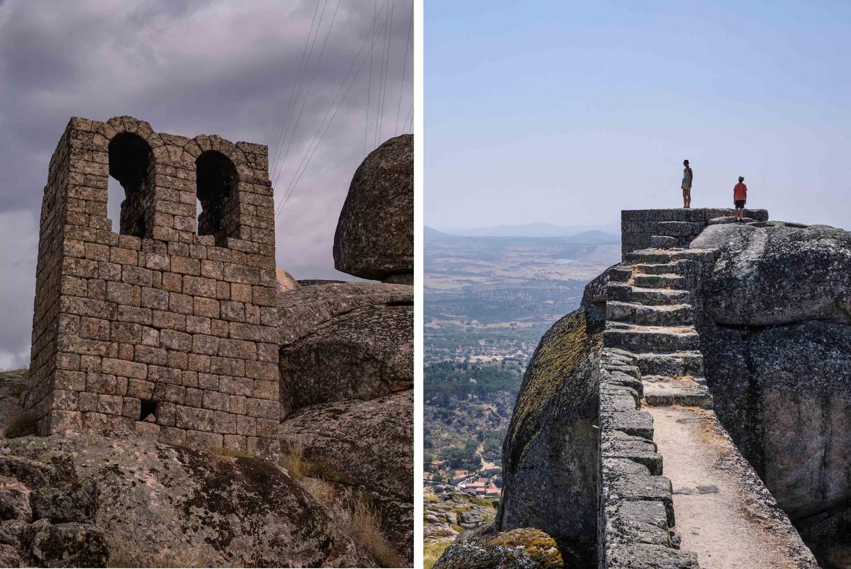 Ruins and a surreal vista amid the Castle of Monsanto, Portugal. (Left: nightcap/Shutterstock; Right: Obatala-photography/Shutterstock)