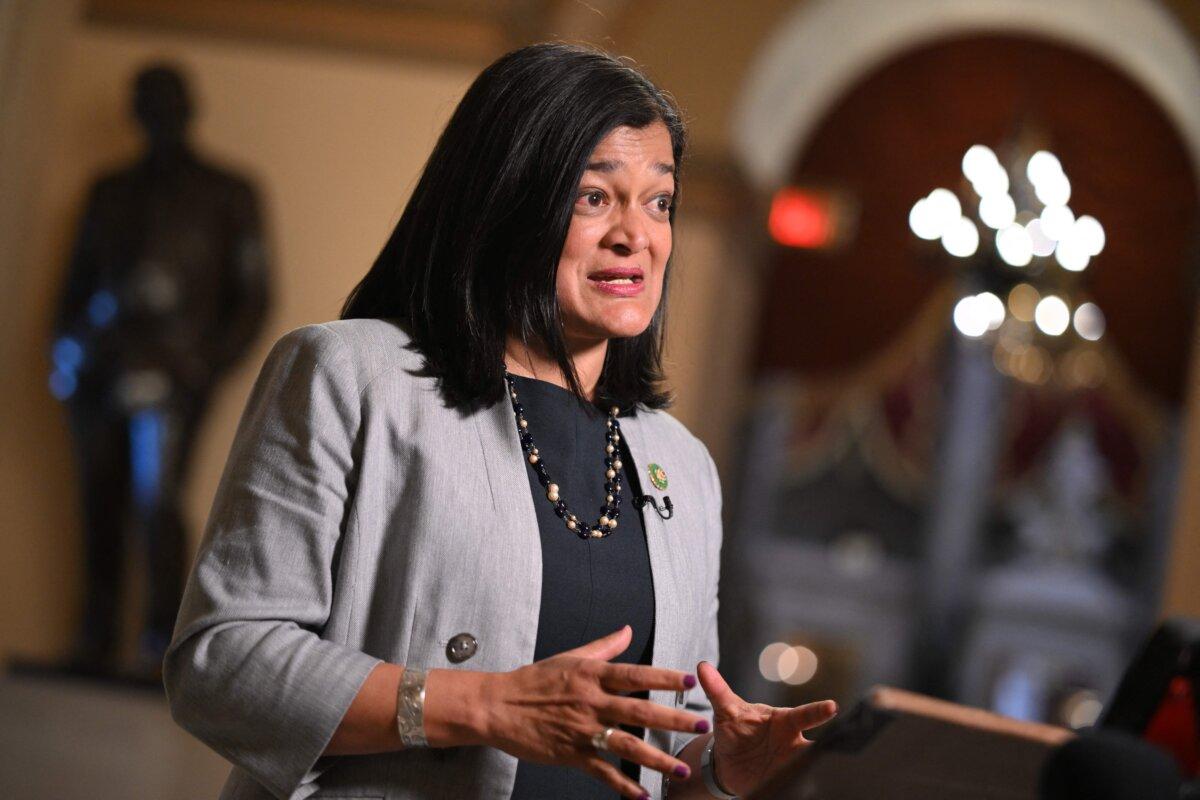 Rep. Pramila Jayapal (D-Wash.) speaks during a television interview at the U.S. Capitol in Washington on May 31, 2023. (Mandel Ngan/AFP via Getty Images)