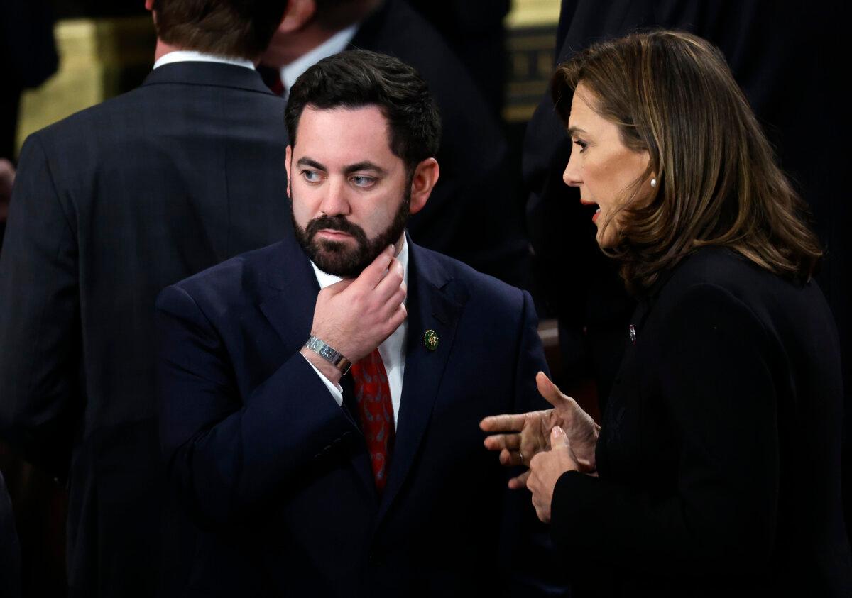 Rep. Mike Lawler (R-N.Y.) interacts with fellow members as the House of Representatives prepares to vote on a new Speaker of the House at the U.S. Capitol Building in Washington on Oct. 17, 2023. (Chip Somodevilla/Getty Images)