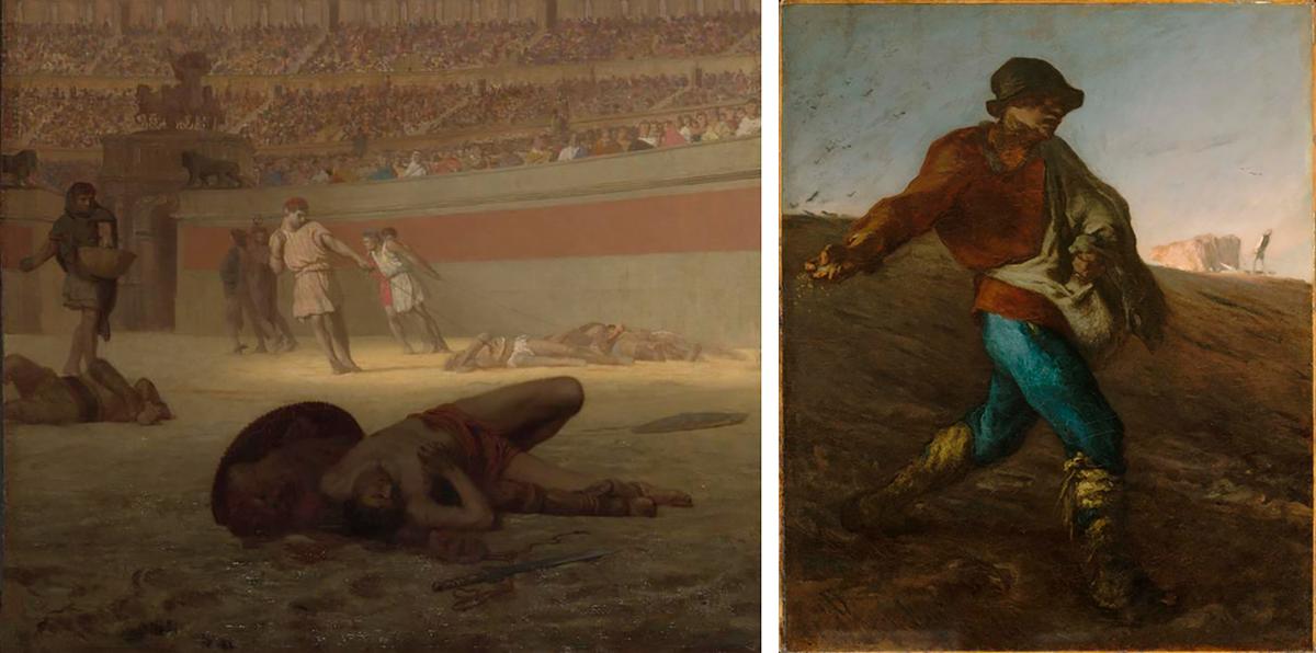 (L) Detail from "Ave Caesar! Morituri te salutant" ("Hail Caesar! We Who Are About to Die Salute You"), 1859, by Jean-Léon Gérôme in comparison to "The Sower," 1850, by Jean-François Millet. Oil on canvas. Museum of Fine Arts, Boston. (Public Domain)
