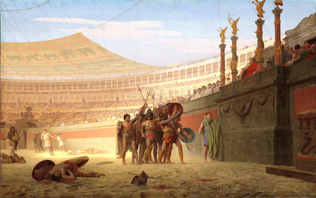 "Ave Caesar! Morituri te salutant" ("Hail Caesar! We Who Are About to Die Salute You"), 1859, by Jean-Léon Gérôme. Oil on canvas; 36 5/8 inches by 57 1/4 inches. Yale University Art Gallery, New Haven, Conn. (Public Domain)