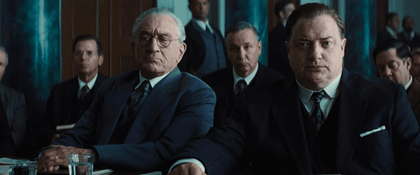 William King Hale (Robert De Niro, front L) and W.S. Hamilton (Brendan Fraser) in a courtroom scene, in "Killers of the Flower Moon." (Melinda Sue Gordon/Apple TV+)
