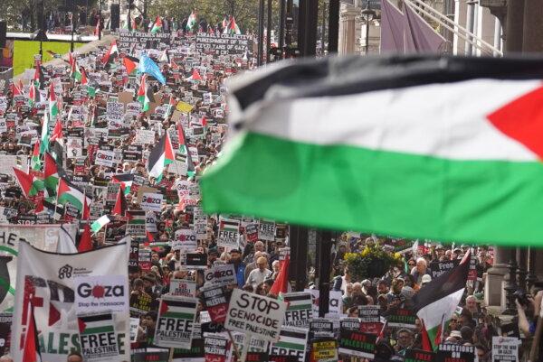 Protesters during a pro-Palestine march organised by Stop the War Coalition and Palestine Solidarity Campaign in central London on Oct. 21, 2023. (Stefan Rousseau/PA)