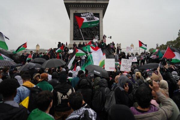 Protesters in Trafalgar Square, central London, during a pro-Palestine march organised by Stop the War Coalition and Palestine Solidarity Campaign on Oct. 21, 2023. (Stefan Rousseau/PA)