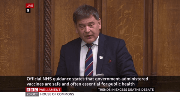 BBC Parliament's coverage of Andrew Bridgen's trends in excess deaths debate dated Oct. 20 2023. (Screenshot/BBC Parliament)