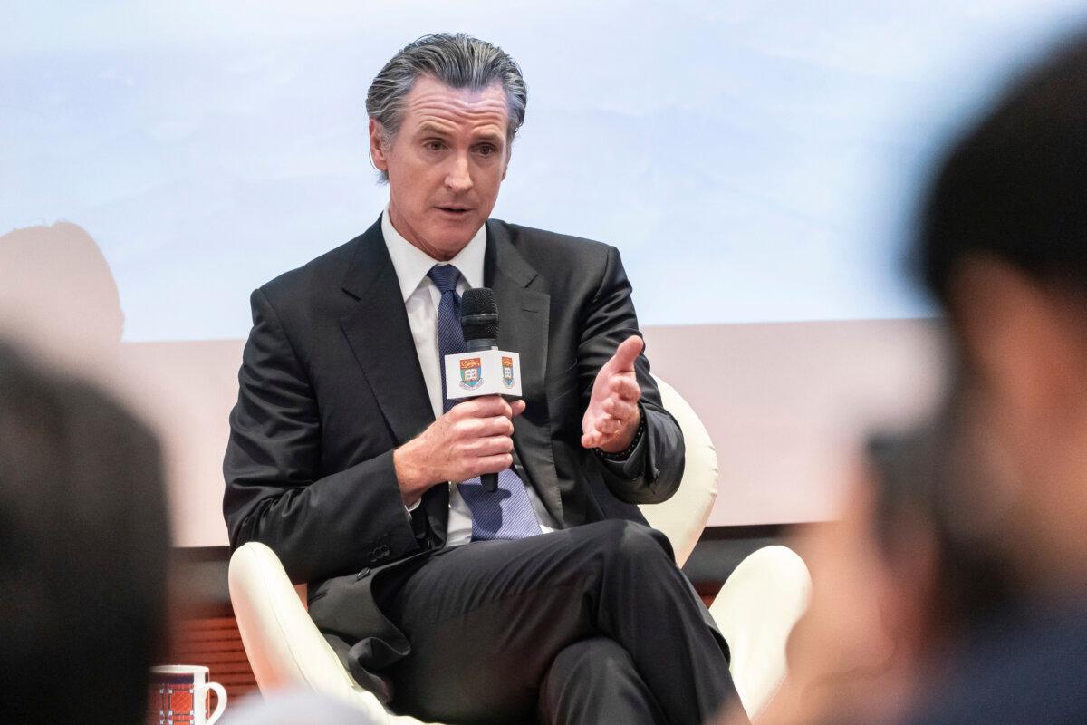 California Gov. Gavin Newsom speaks at the Hong Kong University on climate issues in Hong Kong on Oct. 23, 2023. (Anthony Kwan/AP Photo)