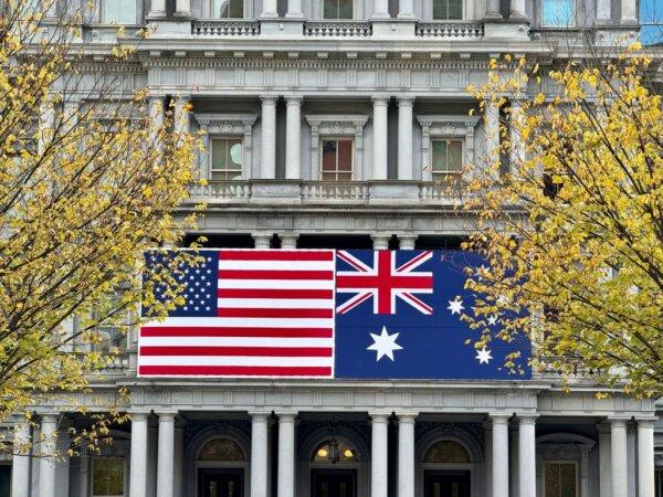 Flags of Australia and U.S. adorn the Eisenhower Executive Office Building of the White House in Washington, on Oct. 21, 2023. (Daniel Slim/AFP via Getty Images)