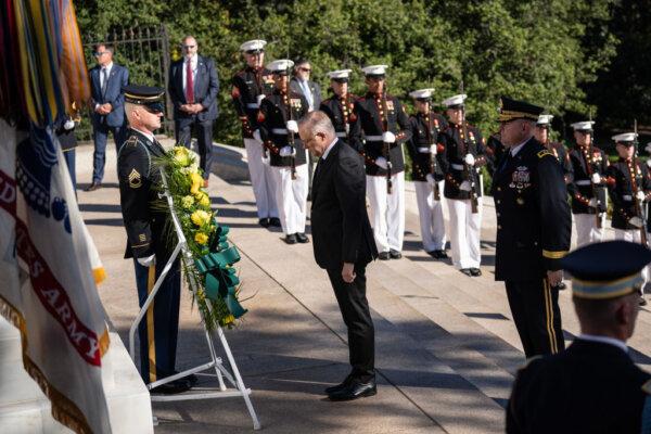 Prime Minister of Australia Anthony Albanese pauses after laying a wreath at the Tomb of the Unknown Soldier at Arlington National Cemetery October in Arlington, Virginia on Oct. 23, 2023. (Drew Angerer/Getty Images)