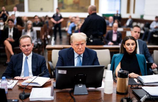 Former President Donald Trump sits in the courtroom with attorneys Christopher Kise (L) and Alina Habba during his civil fraud trial at New York State Supreme Court in New York on Oct. 18, 2023.  (Doug Mills-Pool/Getty Images)