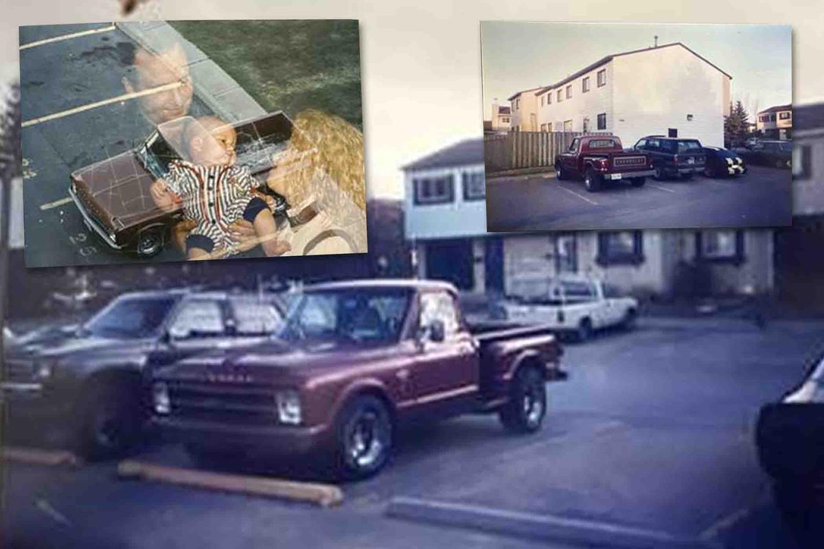 The 1967 Chevrolet C-10 Sidestep in Jordan Childs's youth; (Insets) Young Jordan Childs with dad and mom in 1996; and the Chevy pickup. (Courtesy of Jordan Childs)