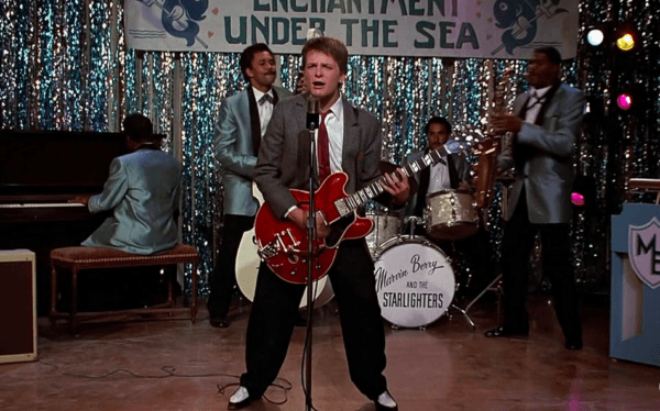 Marty McFly (Michael J. Fox) shocks the high school dance with music that hasn't been composed yet, in "Back to the Future." (Universal Pictures)