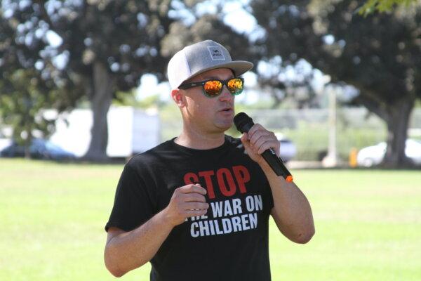 Samuel Carasillas of Gays Against Groomers attends a rally in San Diego on Oct. 21, 2023. (Brad Jones/The Epoch Times)