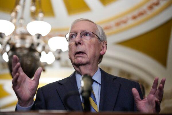 Senate Minority Leader Sen. Mitch McConnell (R-Ky.) speaks to reporters after a closed-door lunch meeting with Senate Republicans at the U.S. Capitol, on Oct. 24, 2023y (Photo by Drew Angerer/Getty Images)