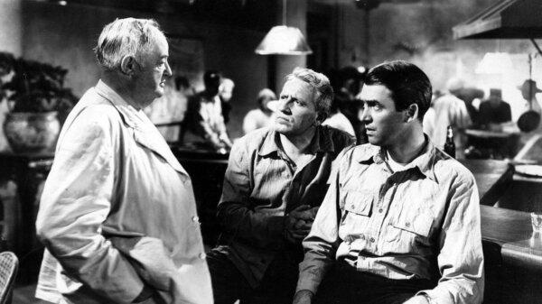 (L–R) The Dutchman (Sydney Greenstreet), Carnahan (Spencer Tracy), and John Royer (James Stewart), in “Malaya.” (Metro-Goldwyn-Mayer)