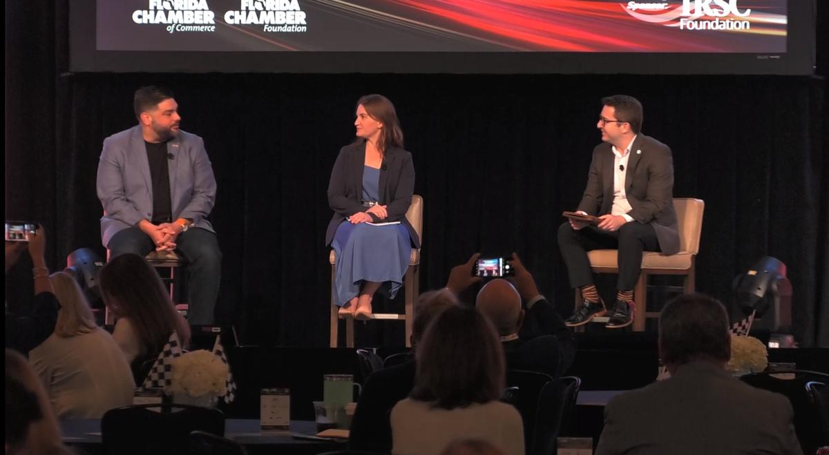 Eddie Gonzalez Loumiet (L), Madeleine Thakur (C), and Kyle Baltuch (R) speak at the Chamber's event on Oct. 23, 2023. (Florida Chamber of Commerce / via Eventowl.net)