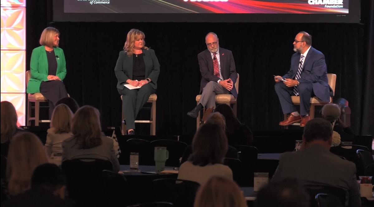 Kristen Vanselow (L2), DeAnna D. Thomas (L1), Jay Galbraith (R1), and Raymond Rodrigues (R2) speak at the Chamber's event on Oct. 23, 2023. (Florida Chamber of Commerce / via Eventowl.net)