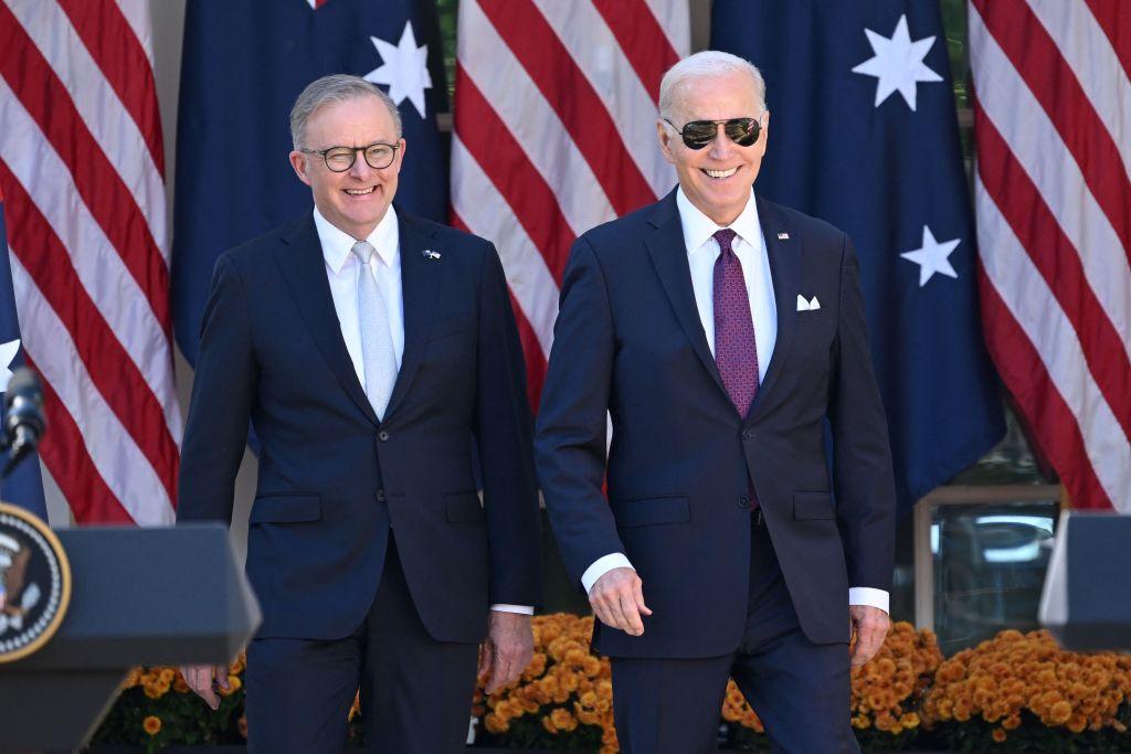 U.S. President Joe Biden and Australia's Prime Minister Anthony Albanese arrive to hold a joint press conference at the Rose Garden of the White House in Washington, D.C., on Oct. 25, 2023. (Saul Loeb/AFP via Getty Images)