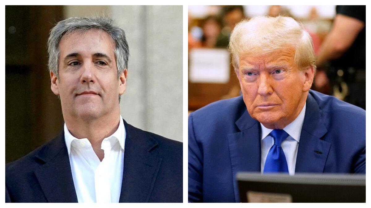 (Left) Former President Donald Trump's former attorney Michael Cohen leaves the New York State Supreme Court after testifying at Trump's fraud trial in New York City on Oct. 25, 2023. (Timothy A. Clary/AFP via Getty Images) (Right) Former President Donald Trump sits in court during his civil fraud trial at New York State Supreme Court in New York City on Oct. 25, 2023. (Seth Wenig-Pool/Getty Images)