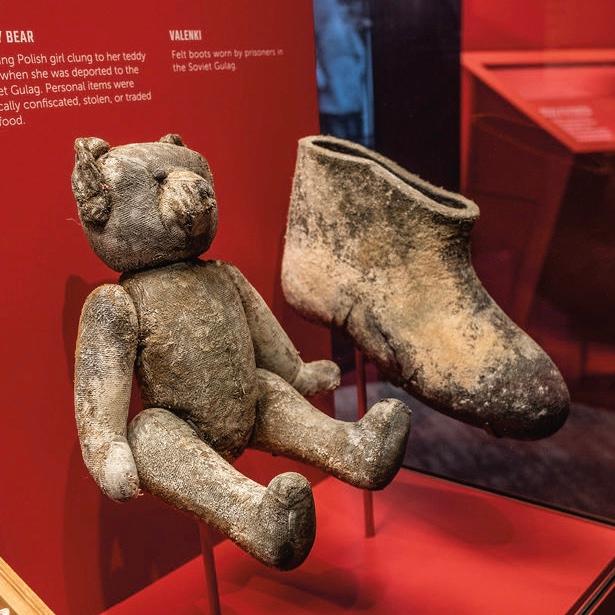 Reproductions of a teddy bear that once belonged to a Polish girl who was sent to the Soviet gulags; and felt boots worn by prisoners in the gulags. (Courtesy of the Victims of Communism Memorial Foundation)