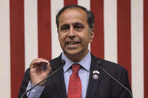 Rep. Raja Krishnamoorthi (D-Ill.) speaks during a press conference at the U.S. Embassy in Tokyo on Aug. 5, 2022. (Richard A. Brooks/AFP/AFP via Getty Images)