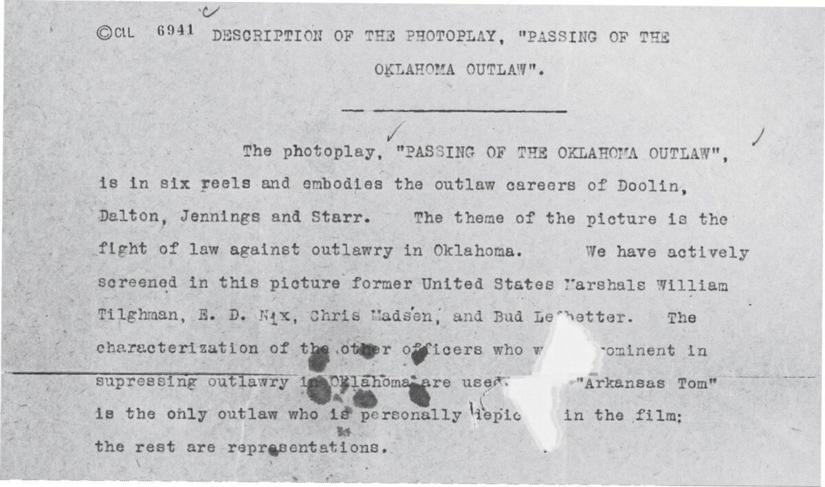 A 1915 document by the Eagle Film Company describes the motion picture “Passing of the Oklahoma Outlaws,” in which Madsen and his colleagues play themselves. (Public Domain)
