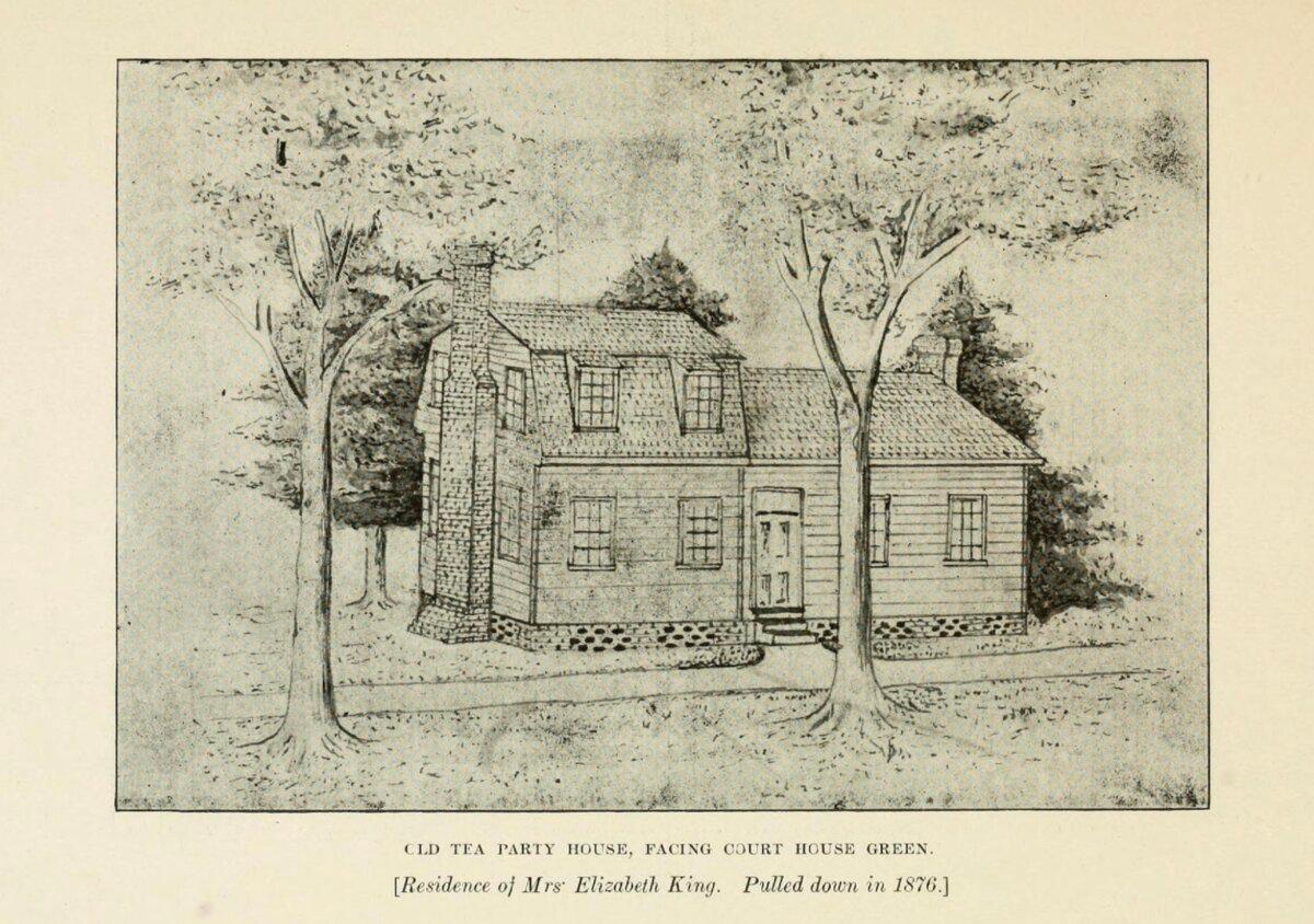  The house of patriot Elizabeth King where the Edenton women formally signed a document protesting Britain’s taxation without representation. A drawing from “The Historic Tea Party of Edenton” by Richard Dillard, October 25, 1774. Library of Congress. (Public Domain)