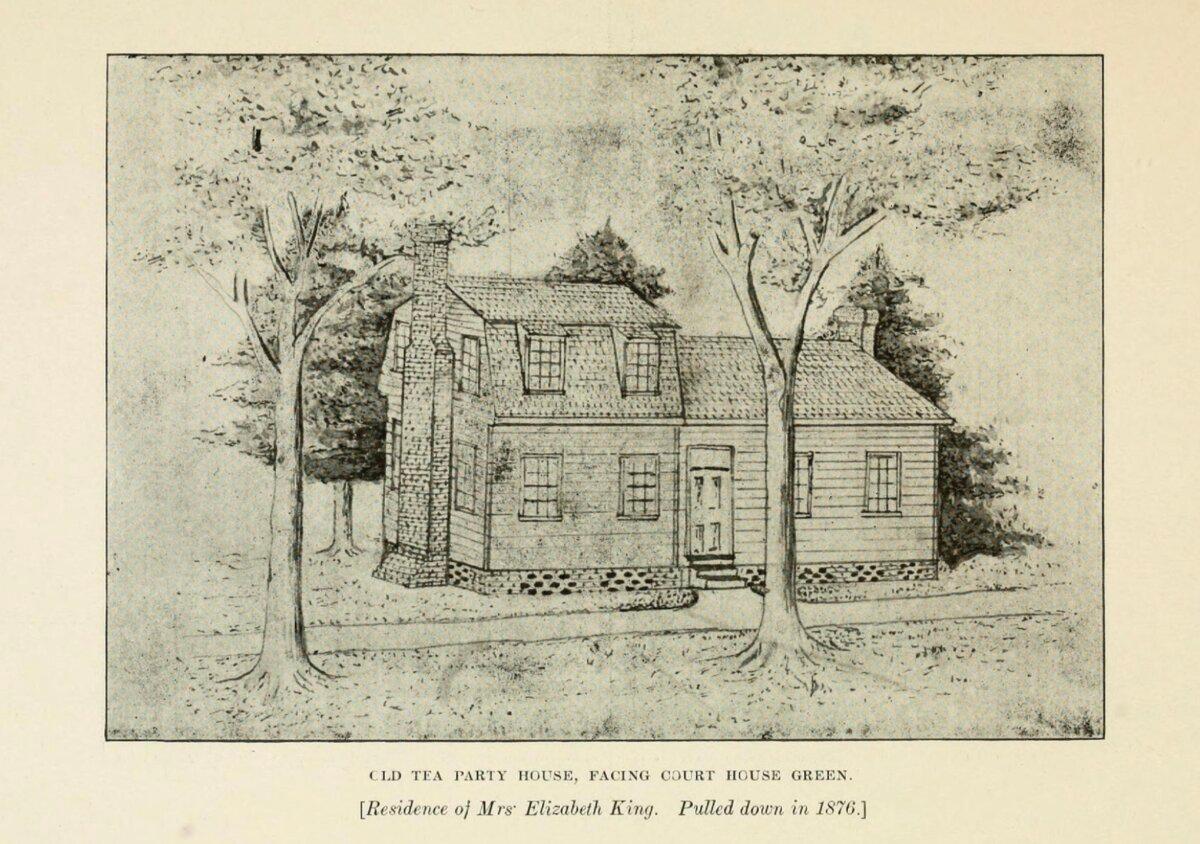 The house of patriot Elizabeth King where the Edenton women formally signed a document protesting Britain’s taxation without representation. A drawing from “The Historic Tea Party of Edenton” by Richard Dillard, October 25, 1774. Library of Congress. (Public Domain)