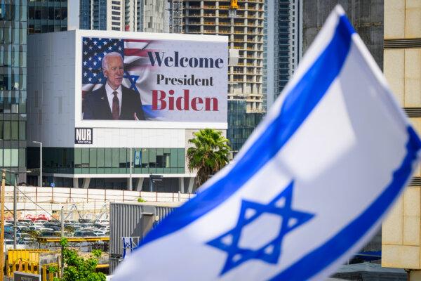 A digital billboard welcomes President Joe Biden to Israel, on Oct. 18, 2023.  (Leon Neal/Getty Images)