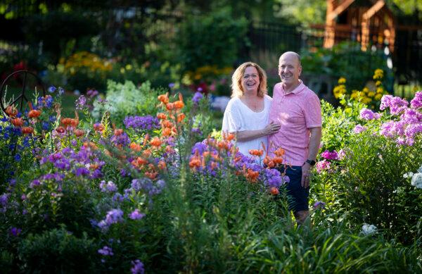 Sue and Bob Olson pose for a portrait in their garden on Aug. 4, 2023 in Mankato, Minnesota. (Leila Navidi/Minneapolis Star Tribune/TNS)