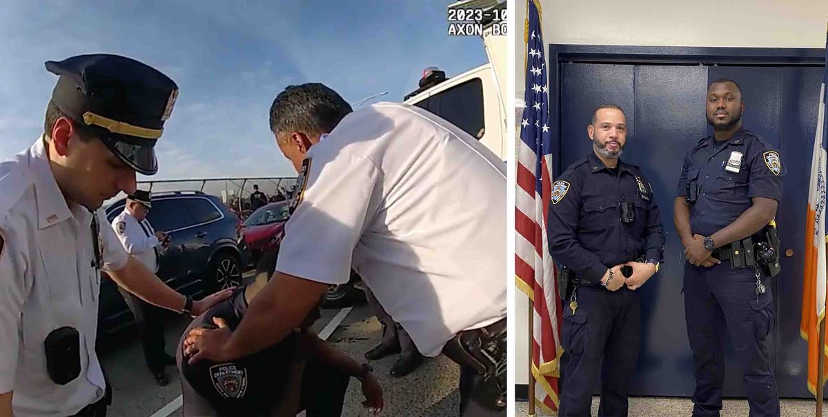(Left) Officer Fayette breaks down in tears after the nerve-wracking rescue; (Right) (L-R) Officer Mata and Officer Fayette. (Courtesy of NYPD)